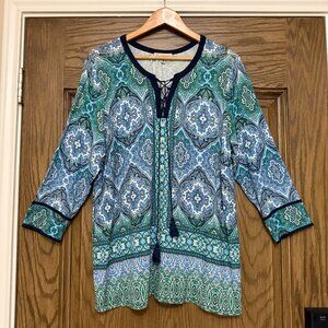 CB Establishe1962 Tunic Blouse Green Blue White 3/4 Sleeve Tassel Tie Front